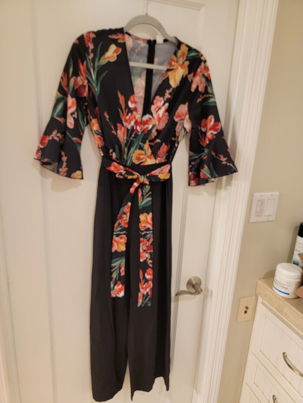 Floral Wrap V-Neck Black Ankle Length Jumpsuit with Belt